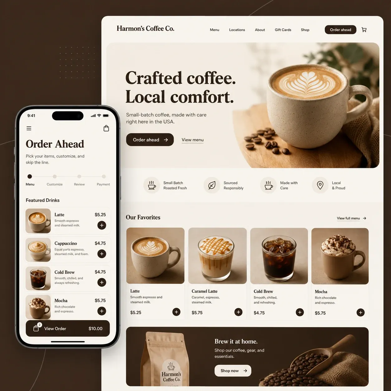Website mockups for Harmon’s Coffee Co. with an order-ahead flow on a phone
