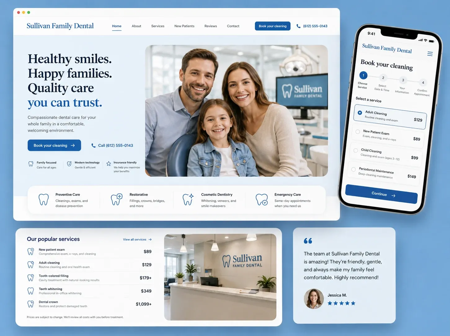 Website for Sullivan Family Dental with round-the-clock appointment booking