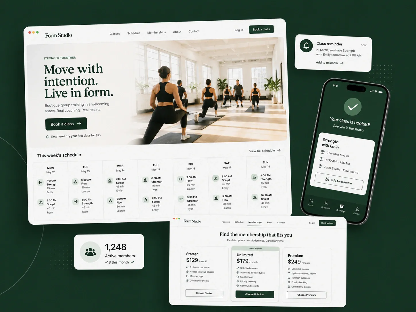 Website mockups for the fitness studio Form Studio, with a class schedule and booking