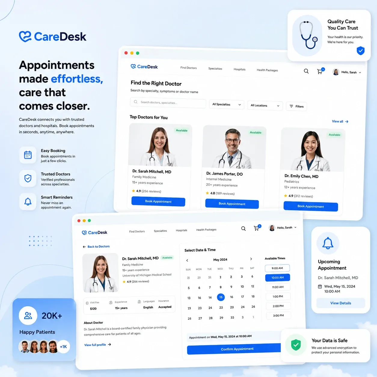 Website and app mockups for CareDesk, a doctor appointment booking platform