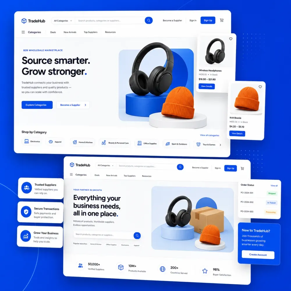 Website mockups for TradeHub, a B2B wholesale marketplace with product listings and supplier stats