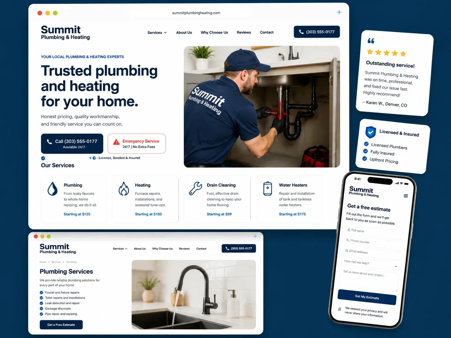 Website mockups for Summit Plumbing & Heating, with a quote request form