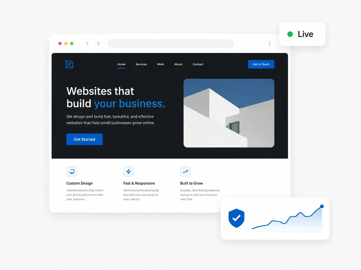 Finished small-business website marked Live, with an uptime graph and a shield icon