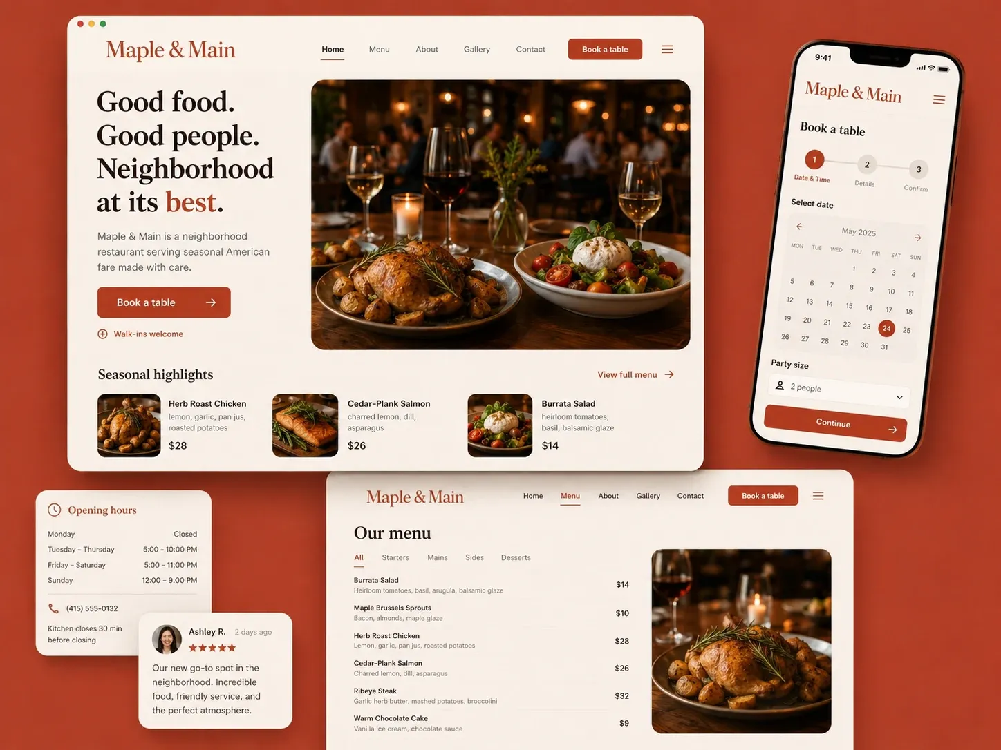Website copy and online menu for the restaurant Maple & Main